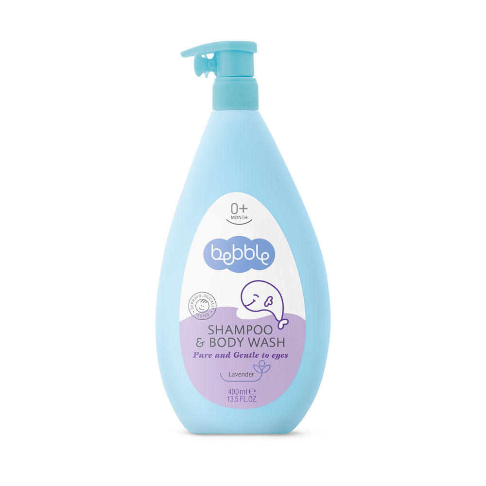 Bebble Baby Shampoo & Body Wash Lavender 400ml – tear-free cleanser with calming lavender, perfect for soothing and hydrating baby’s skin and hair.