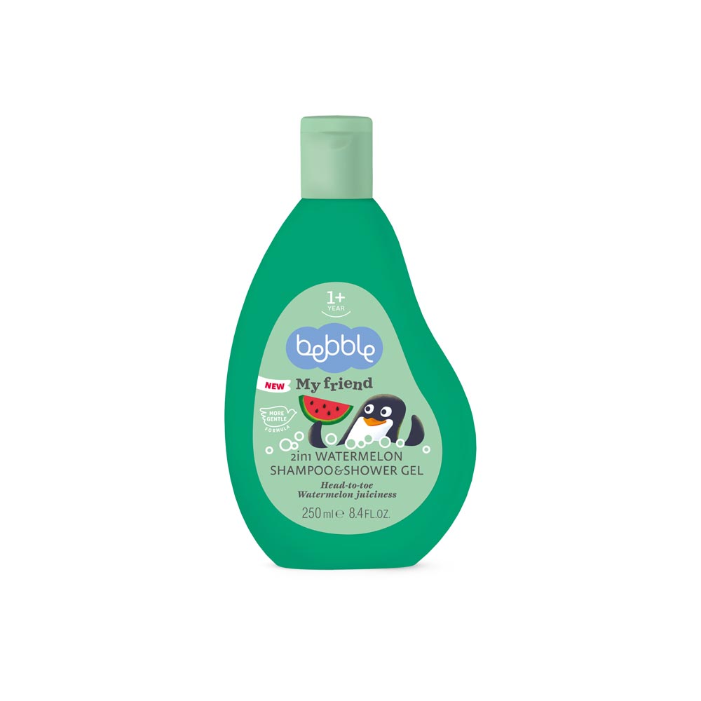 Bebble 2-in-1 Watermelon Shampoo & Shower Gel 250ml – gentle head-to-toe cleanser for kids with fruity scent, softens hair and hydrates skin.
