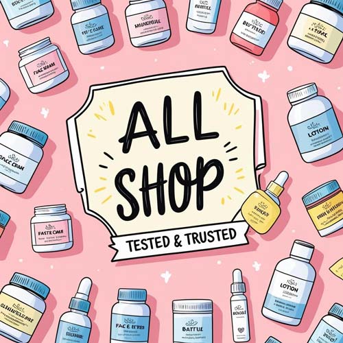 Cartoon-style flat lay of skincare, baby care, and supplement products labeled “All Shop” with “Tested & Trusted” tag on pastel background.