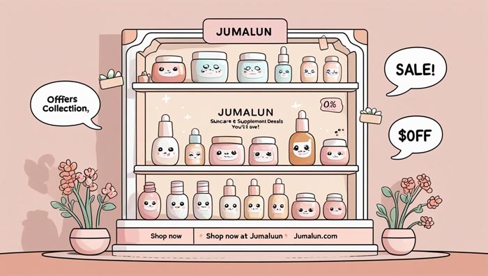 Cartoon-style illustration of skincare and supplement products on a pastel shelf with discount tags, promoting Jumalun’s Offers Collection.