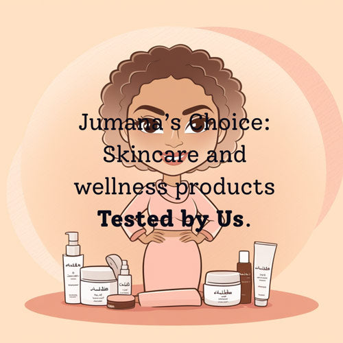 Illustration of a radiant Arab woman with medium skin and natural curly hair, with wellness and skincare products around her, titled "Jumana’s Choice – Tested by Us."
