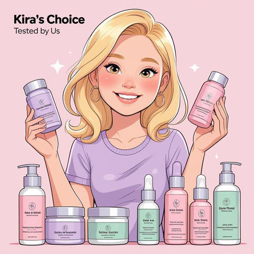 Cartoon-style teenage blonde girl surrounded by skincare and beauty products, with the text "Kira’s Choice – Tested by Us."
