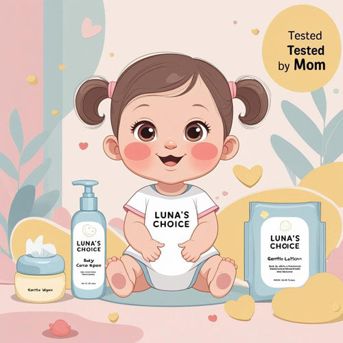 Cartoon baby with baby care items and soft colors, labeled “Luna’s Choice – Tested by Us