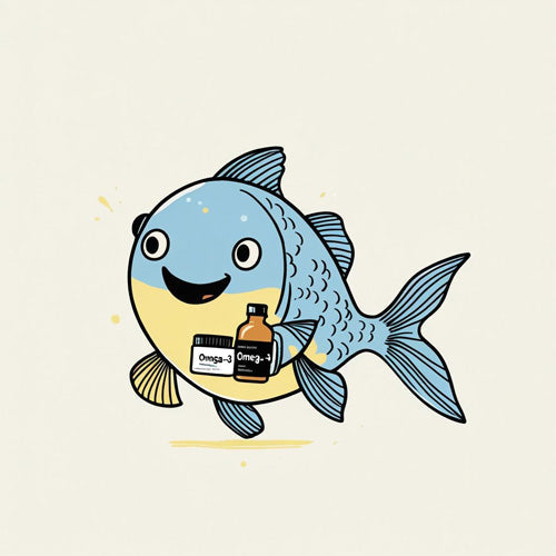 a fish with Omega-3 supplements with fish oil capsules and heart-health icons.