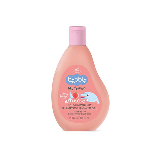 Bebble 2-in-1 Strawberry Shampoo & Shower Gel 250ml – gentle kids' head-to-toe wash with fruity scent, softening formula, and tear-free care.