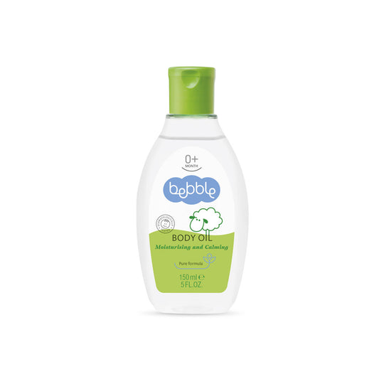 Bebble Baby Body Oil 150ml bottle – gentle moisturizing and soothing oil for baby massage and cradle cap care.