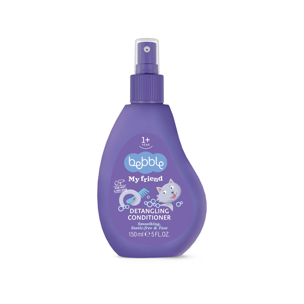 Bebble Detangling Conditioner 150 ml – no-rinse spray for kids’ hair, reduces tangles and static, enriched with glycerin and panthenol.