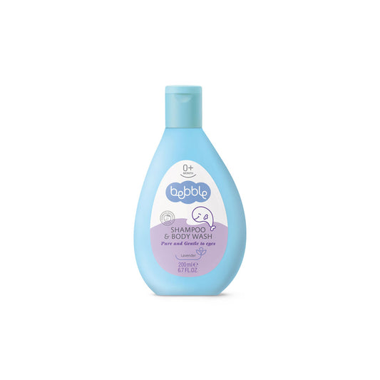 Bebble Baby Shampoo & Body Wash Lavender 200ml – gentle 2-in-1 formula for cleansing baby’s hair and skin, ideal for travel and daily use.