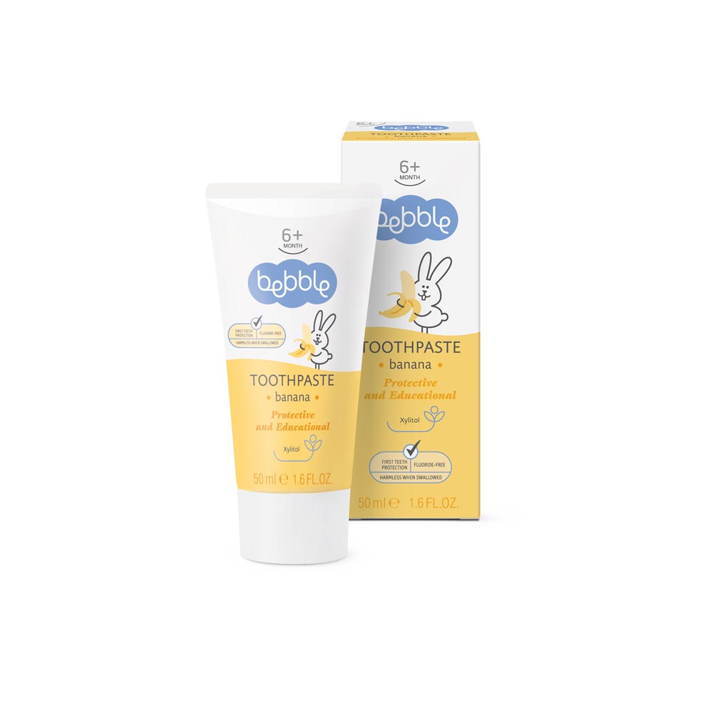 Bebble Banana Baby Toothpaste 50ml – fluoride-free infant toothpaste with xylitol and mild banana flavor for safe, gentle oral care.