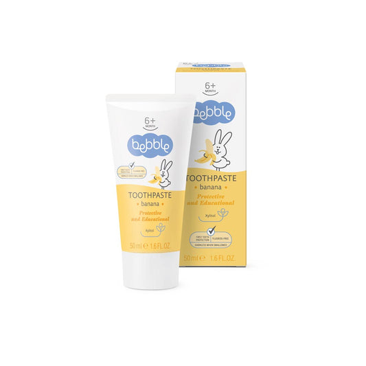 Bebble Banana Baby Toothpaste 50ml – fluoride-free infant toothpaste with xylitol and mild banana flavor for safe, gentle oral care.