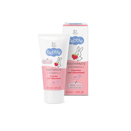 Bebble Strawberry Baby Toothpaste 50ml – Fluoride-free, safe if swallowed, gentle formula for baby's first teeth and oral care routine.
