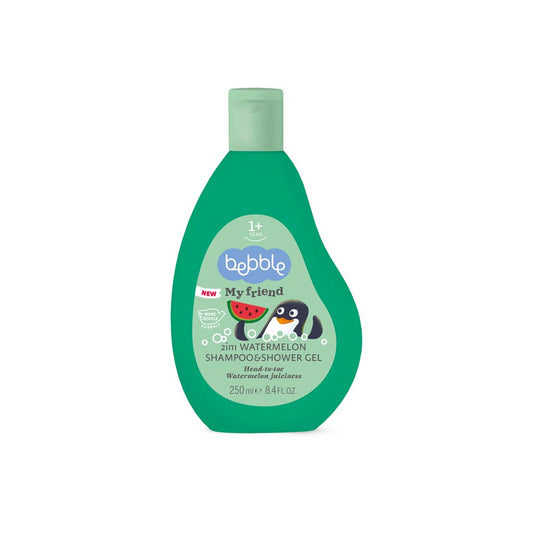 Bebble 2-in-1 Watermelon Shampoo & Shower Gel 250ml – gentle head-to-toe cleanser for kids with fruity scent, softens hair and hydrates skin.