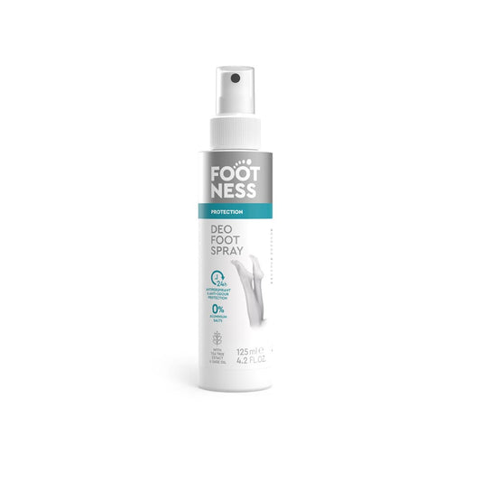 Footness Deo Foot Spray 150 ml – antiperspirant foot spray with tea tree, sage oil, and horsetail extract for 24-hour odor protection.