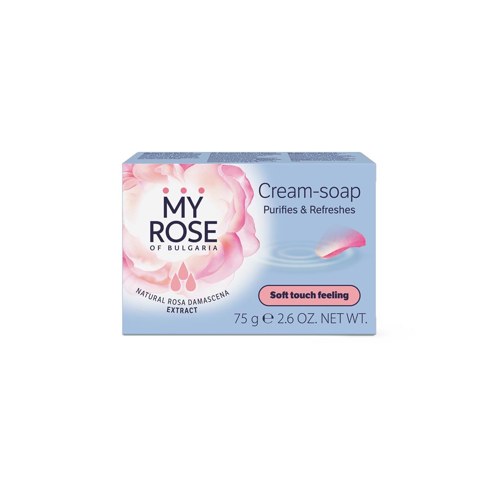 My Rose Cream-Soap bar with Bulgarian rose extract, olive oil, panthenol, and vitamin E for gentle, non-drying daily cleansing.