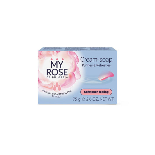 My Rose Cream-Soap bar with Bulgarian rose extract, olive oil, panthenol, and vitamin E for gentle, non-drying daily cleansing.