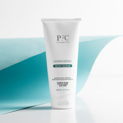 Hydrasense Body Scrub by PFC Cosmetics – 200 ml tube with exfoliating bamboo, hydrating aloe vera, and lotus flower for soft, radiant skin.