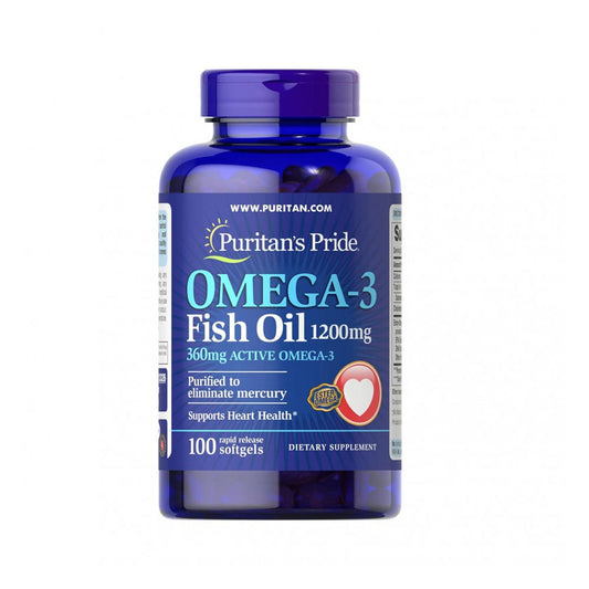 Puritan’s Pride Omega-3 Fish Oil 1200 mg – 100 mercury-free softgels with EPA & DHA for heart and brain support
